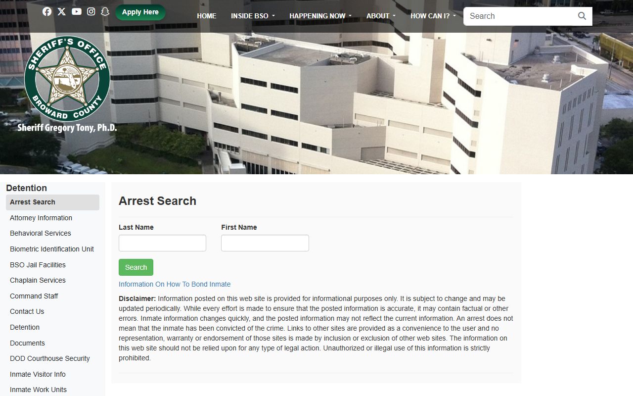 Broward County jail mugshots and arrest search page on the sheriff's site