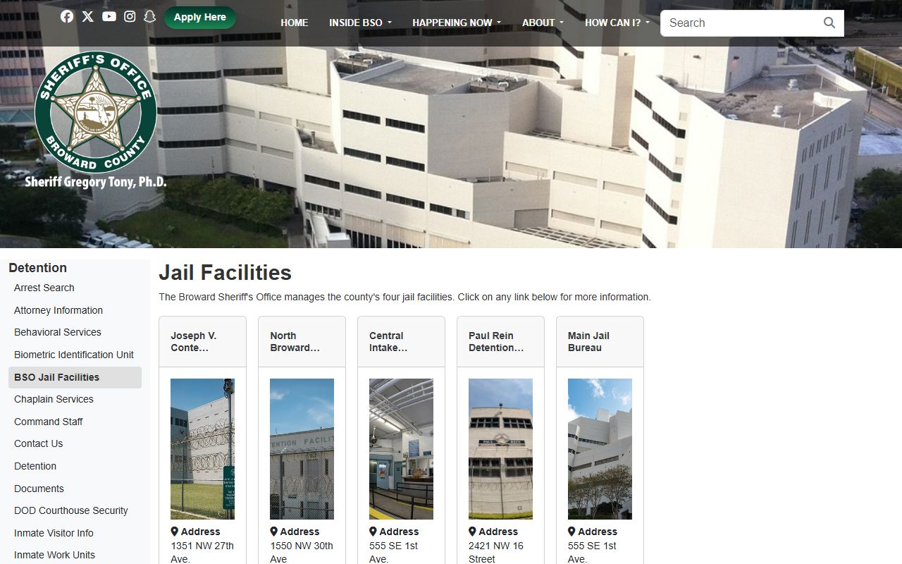 Broward County jail facilities list with addresses for inmate records lookup