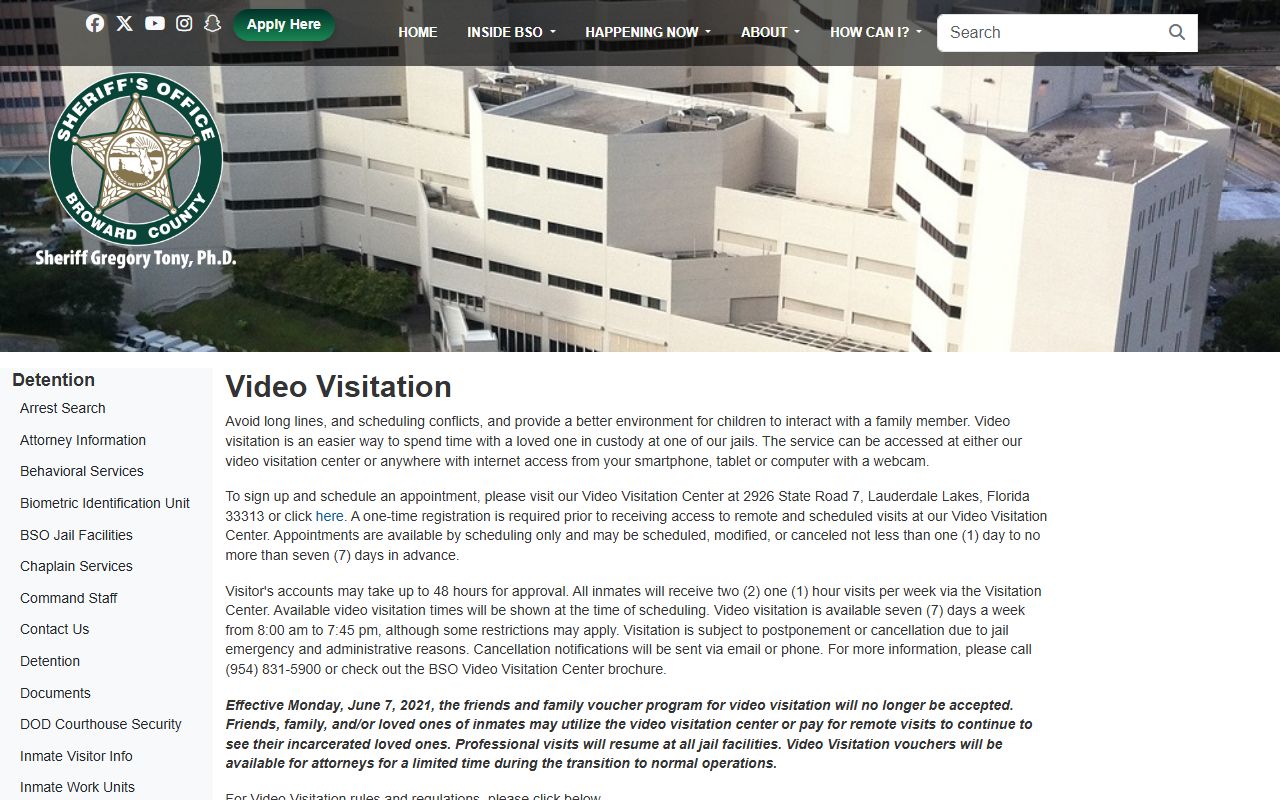 Broward County jail video visitation page for inmate records and scheduling