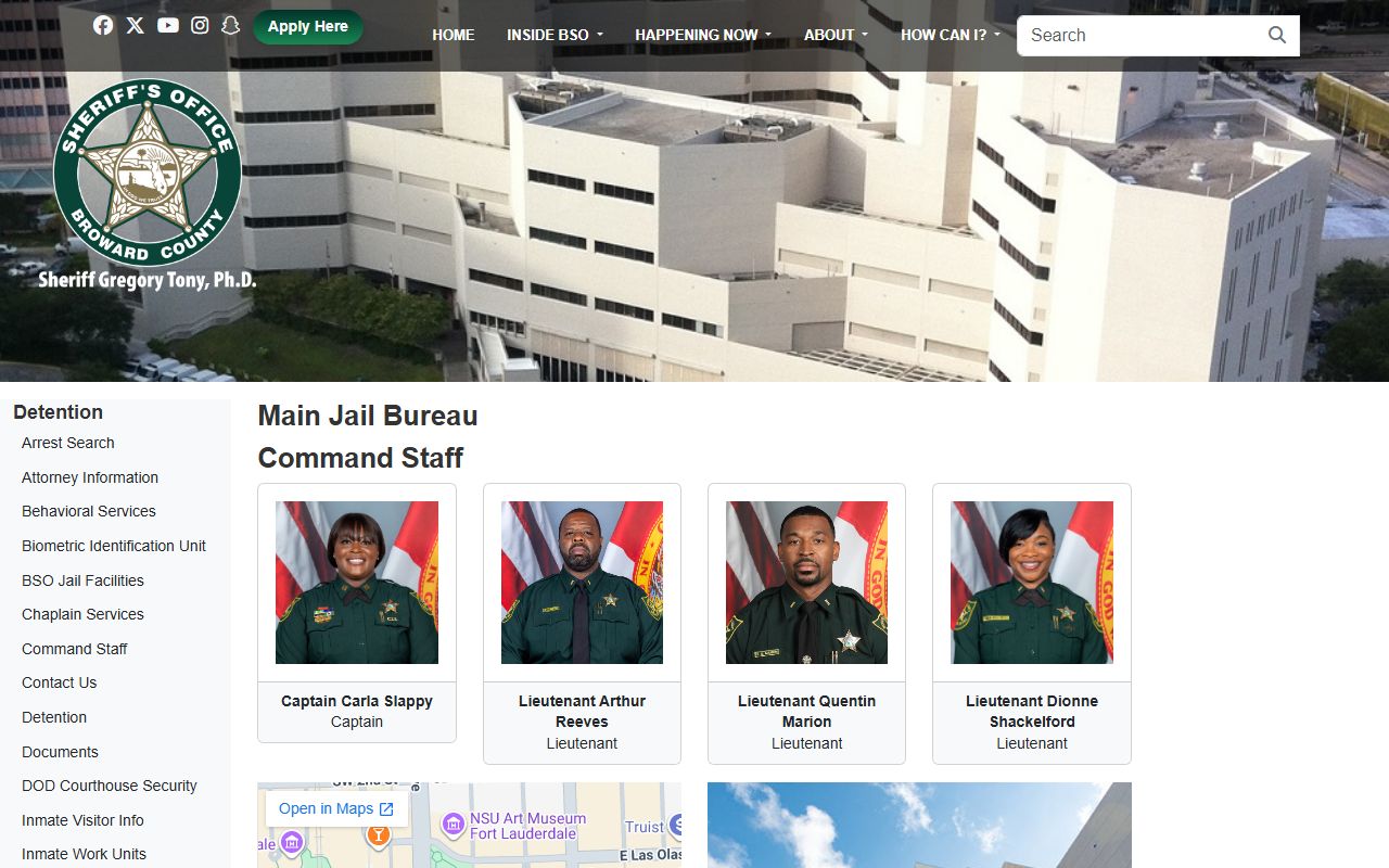 Main Jail Bureau page for the Broward County inmate population and inmate lookup