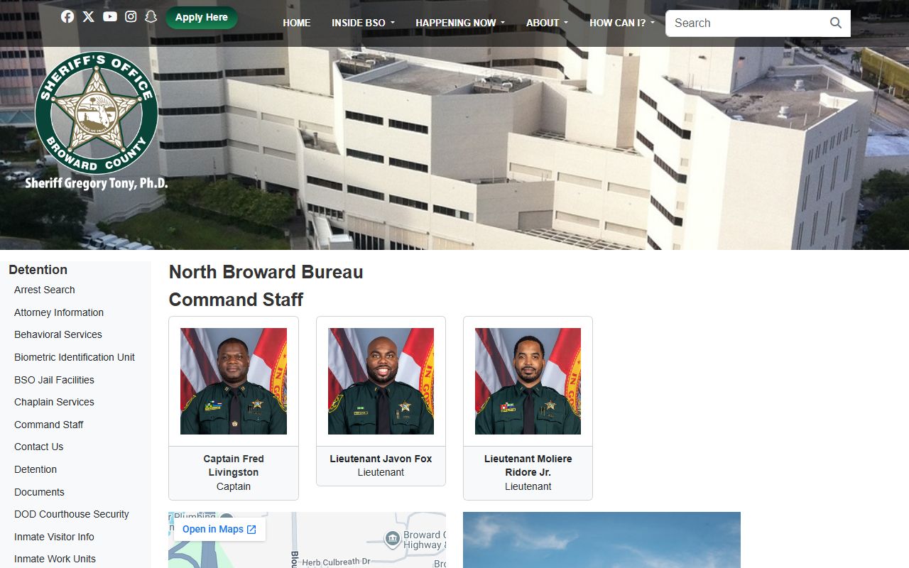 North Broward Bureau page for the Broward County inmate population and inmate lookup