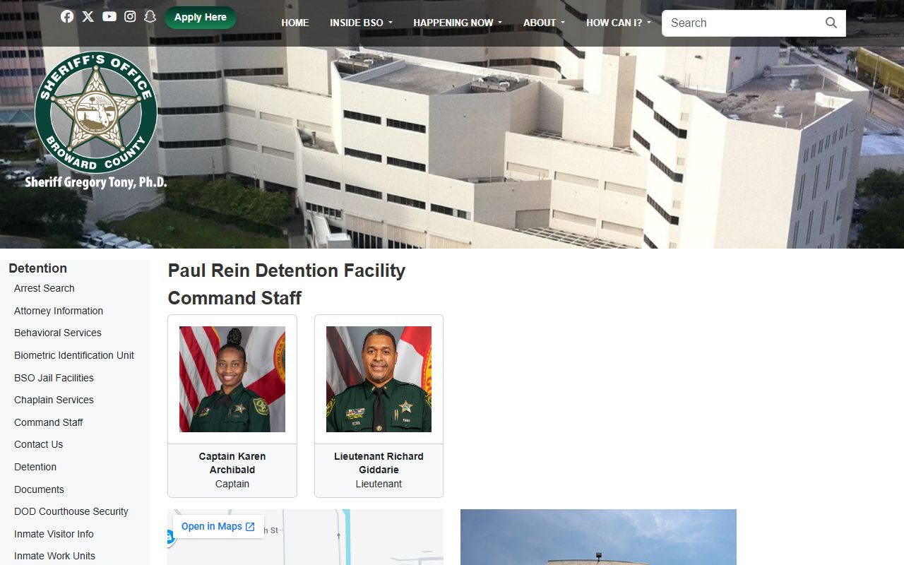 Paul Rein Detention Facility page for the Broward County inmate population and inmate lookup