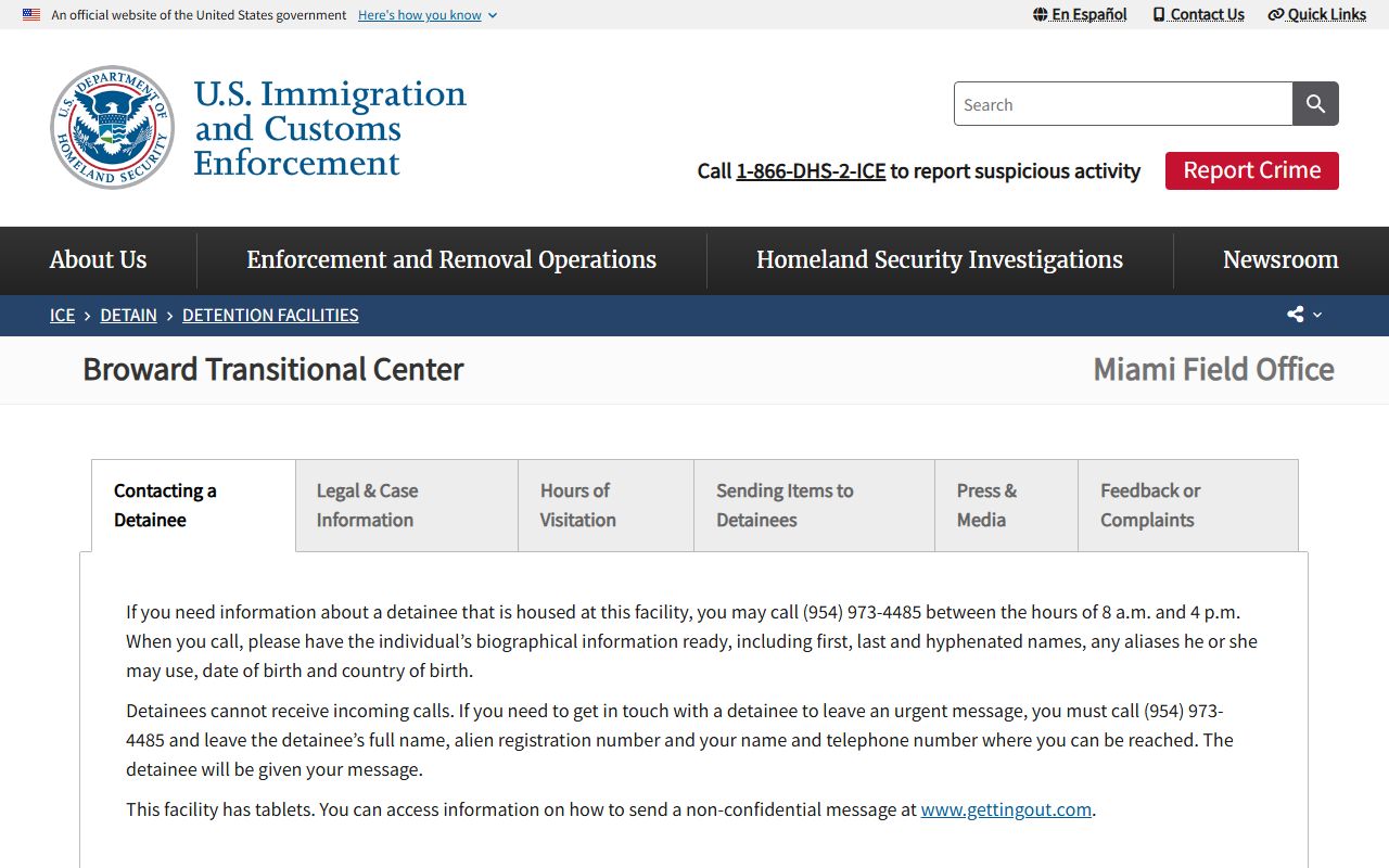 Broward Transitional Center ICE facility page for detainee lookup in Broward County